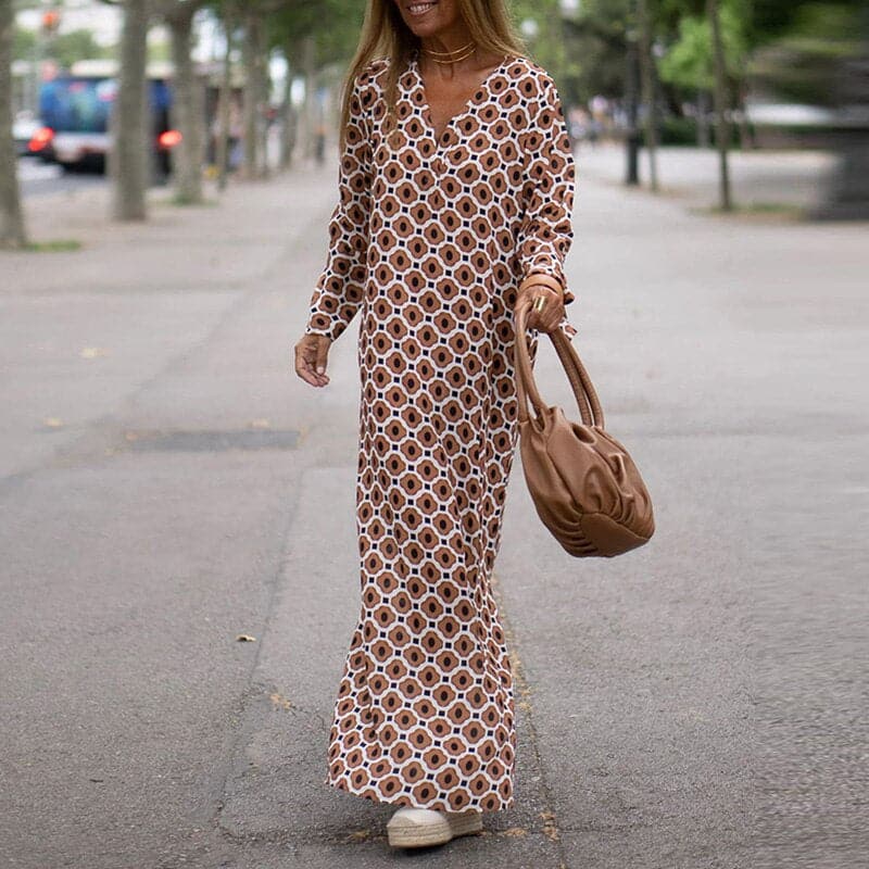 Women’s Maxi Dress – Breathable Blend – Loose Fit – V-Neck – Long Sleeve – Side Slits