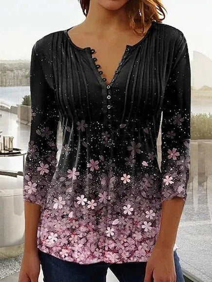 Women’s Top – Relaxed Fit – V-Neck with Buttons – 3/4 Sleeve – Breathable Blend
