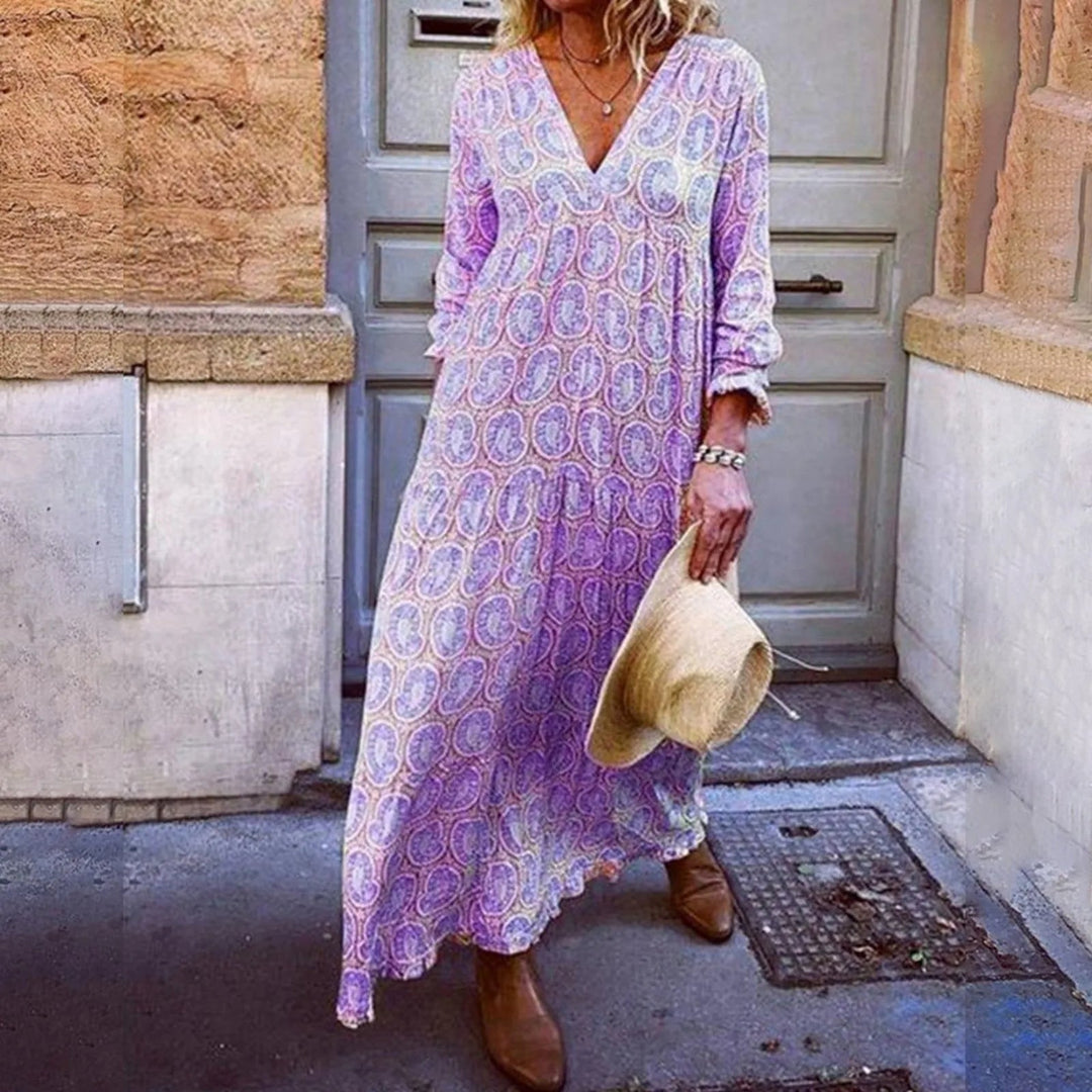 Women’s Maxi Dress - Relaxed Fit - V-Neck Long Sleeve - Soft Breathable Fabric - Geometric Print