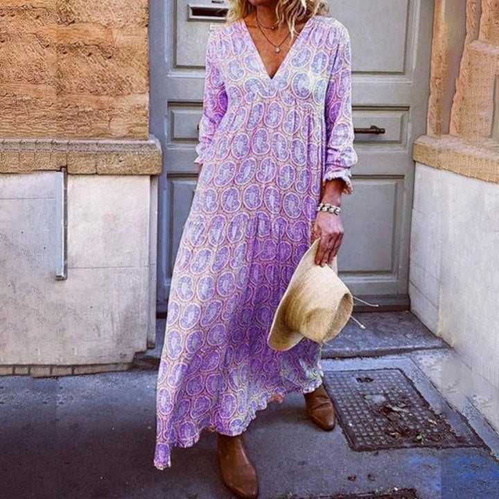 Women’s Maxi Dress - Relaxed Fit - V-Neck Long Sleeve - Soft Breathable Fabric - Geometric Print