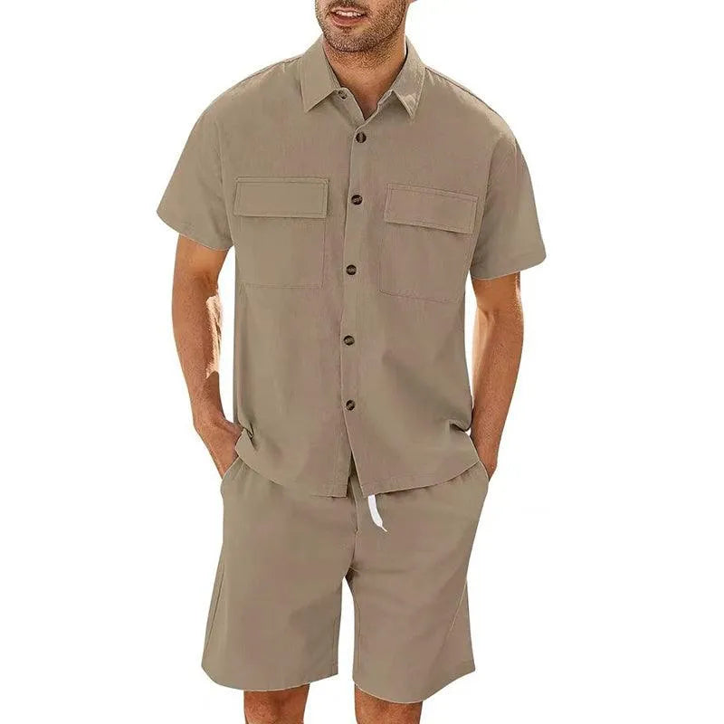 Men’s Shirt and Shorts Set – Relaxed Fit – Breathable Blend – Drawstring Waist – Button-Down