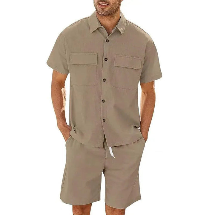 Men’s Shirt and Shorts Set – Relaxed Fit – Breathable Blend – Drawstring Waist – Button-Down