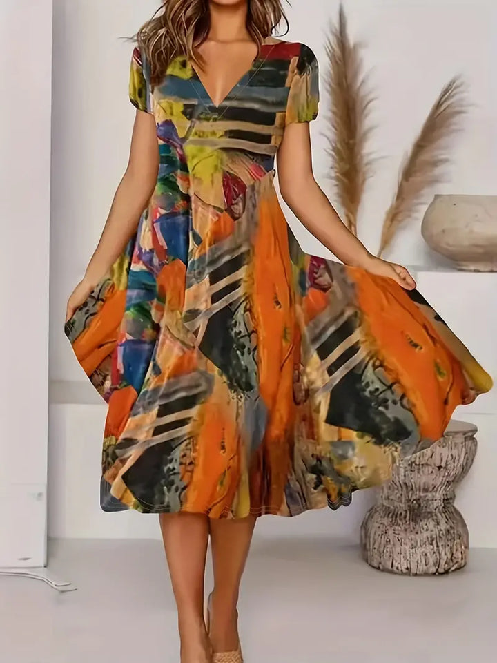 Women's Dress - V-Neck Midi - Short Sleeve Flared Fit - Lightweight Casual Elegant