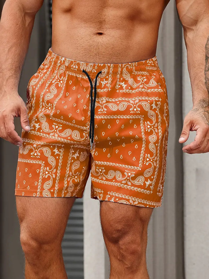 Men’s Swim Shorts - Mid-Thigh Length - Relaxed Fit - Bandana Print