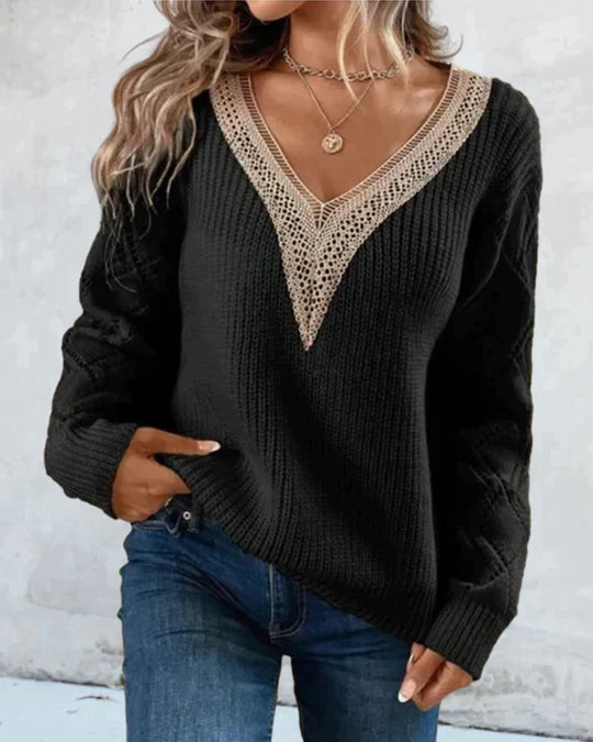 Women’s V-Neck Sweater – Soft Knit – Relaxed Fit – Lace Trim – Diamond Sleeve Detail
