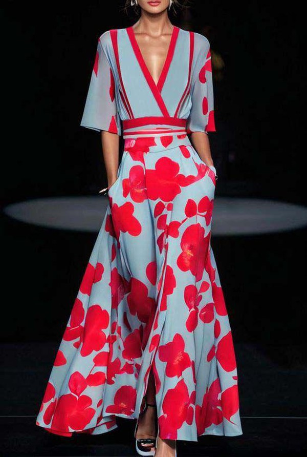Women's Maxi Dress - Deep V-Neck - Half Sleeve - Fitted Waist - Flowing Skirt with Slit