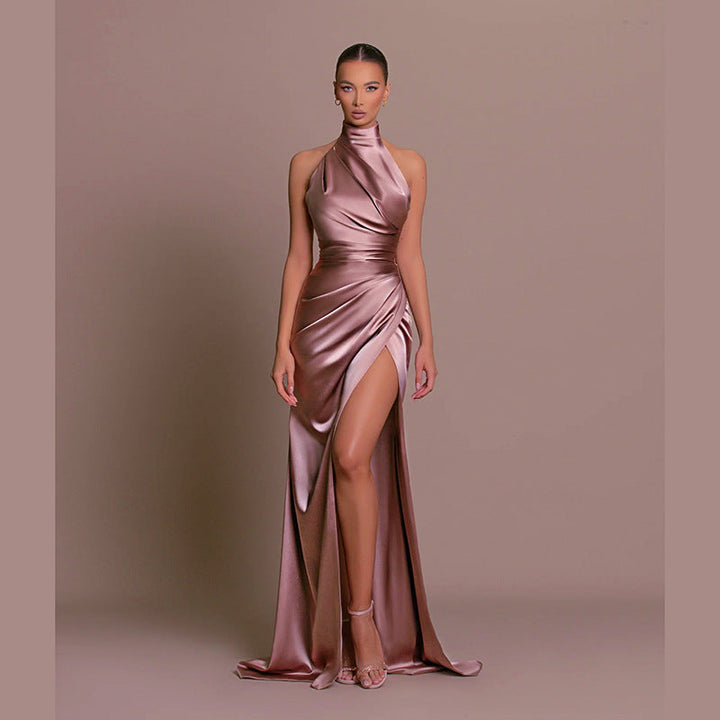 Women's Evening Gown - Halter Neck - Silky Fabric - Fitted Bodice - High Slit Elegant Dress