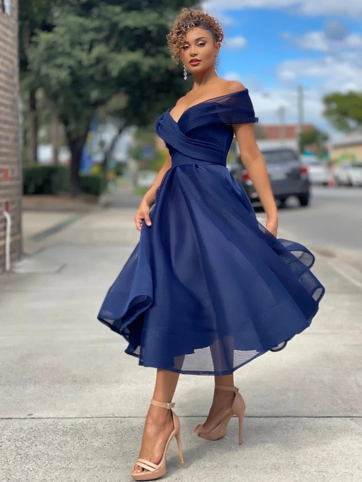 Women's Off-Shoulder Midi Dress - Elegant A-Line - Fitted Waist - Formal Occasion