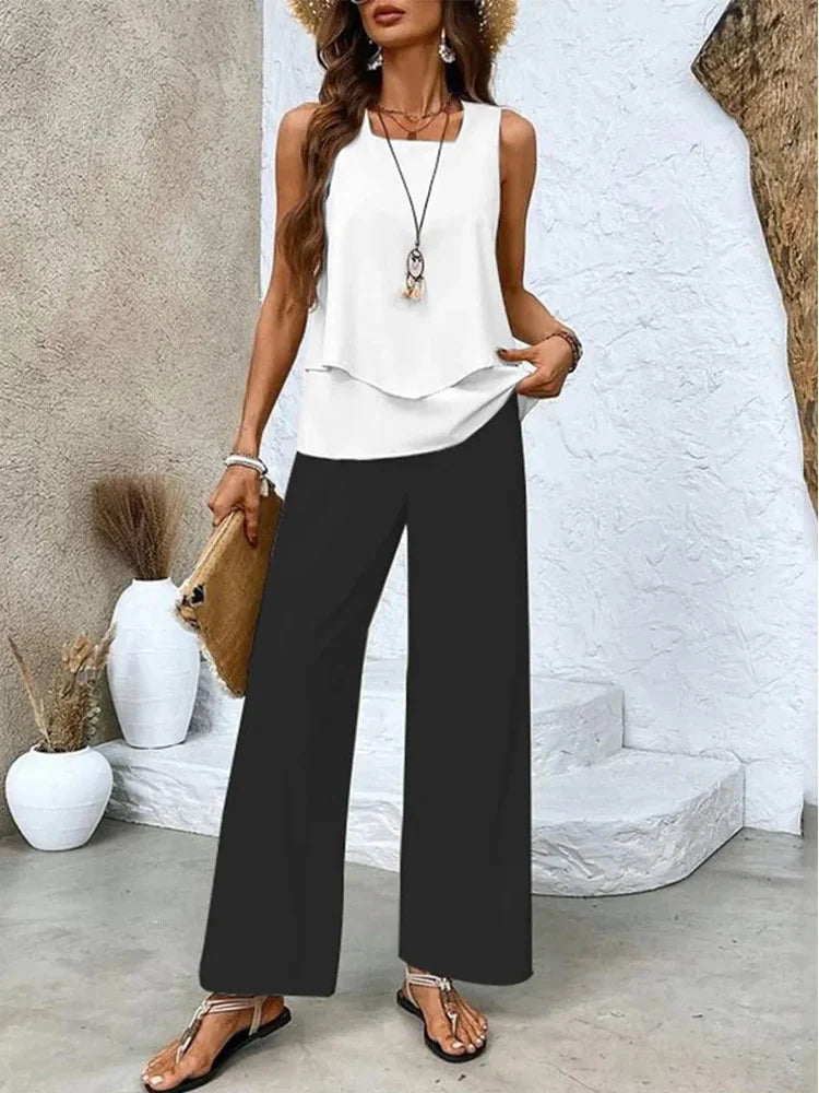Women’s Two-Piece Set – Sleeveless Top – Wide-Leg Pants – Breathable Blend – Relaxed Fit