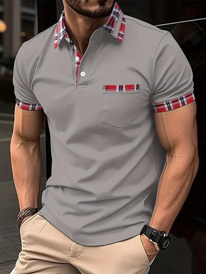 Men’s Polo Shirt - Plaid Collar & Sleeve Trim - Short Sleeve - Buttoned Placket - Chest Pocket