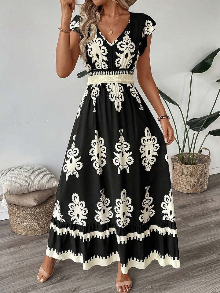 Women's Maxi Dress - V-Neck - Cap Sleeve - Smocked Waist - Flowing Elegant Fit