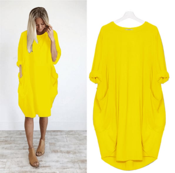 Women’s Midi Dress – Relaxed Fit – Round Neck – Breathable Blend – Side Pockets