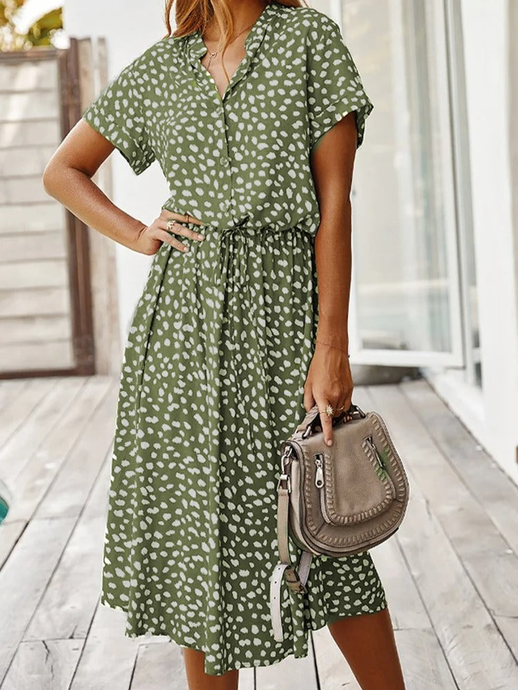 Women’s Midi Dress - Relaxed Fit - Breathable Blend - Button Front - Adjustable Waist