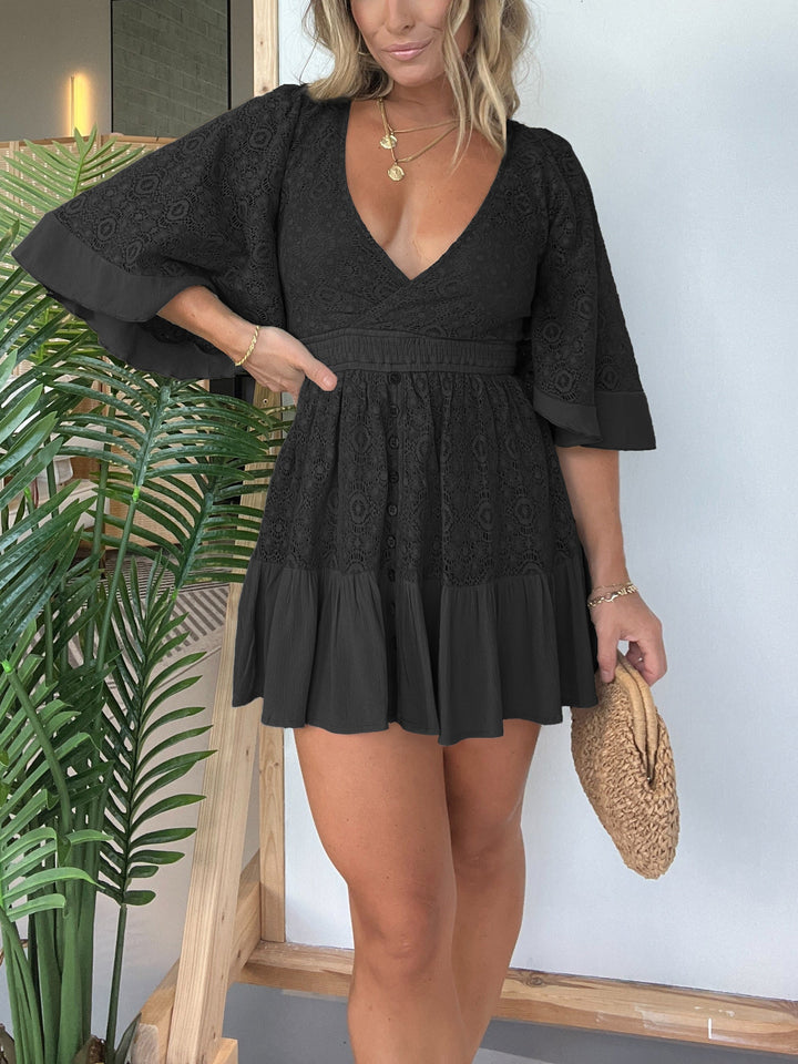 Women's Dress - V-Neck Lace Detail - Bell Sleeve A-Line Mini - Button Front Elegant