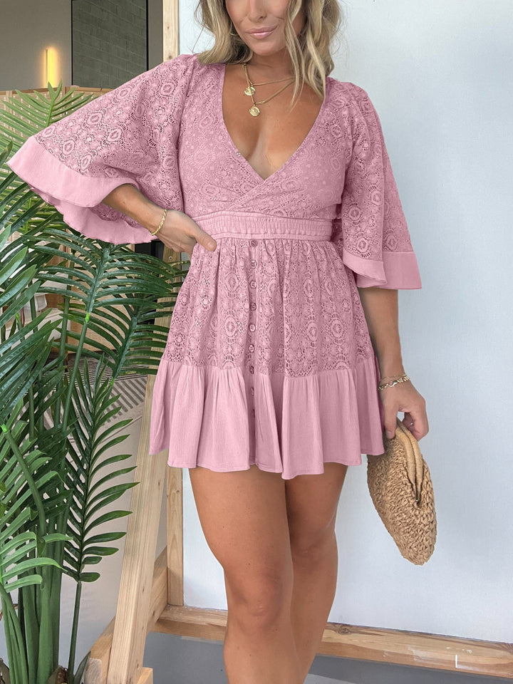 Women's Dress - V-Neck Lace Detail - Bell Sleeve A-Line Mini - Button Front Elegant