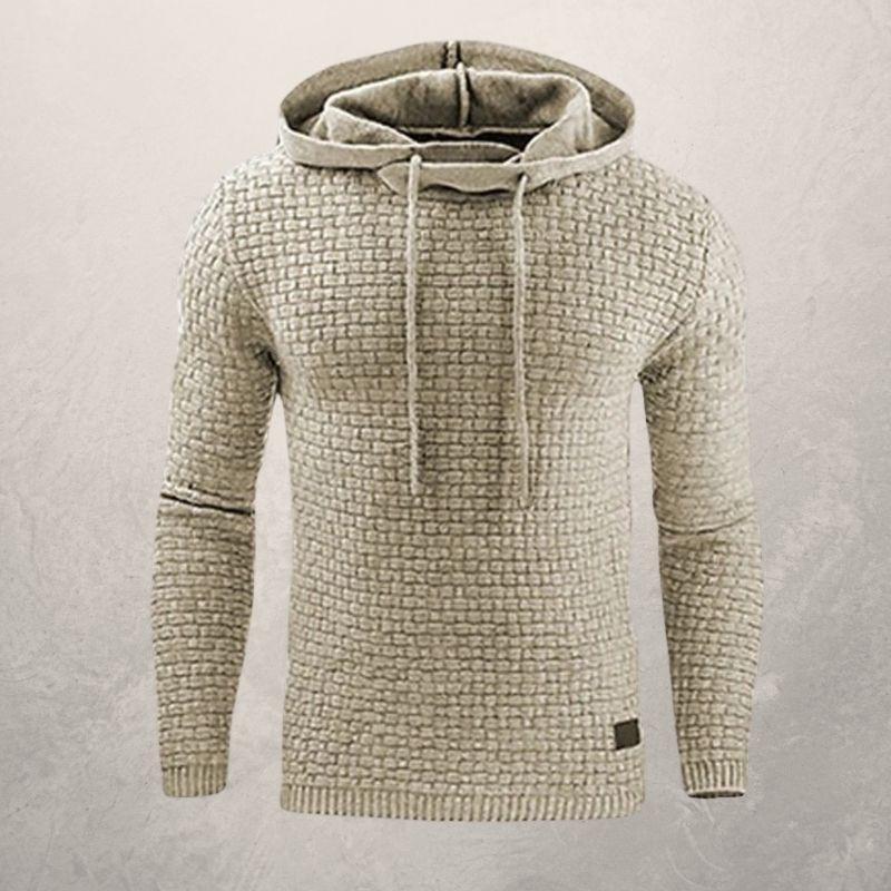 Men’s Knitted Sweater - Slim Fit - Textured Grid Pattern - Hooded with Drawstrings