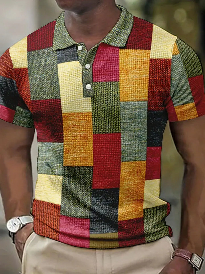 Men’s Polo Shirt - Patchwork Design - Short Sleeve - Classic Collar Casual Wear