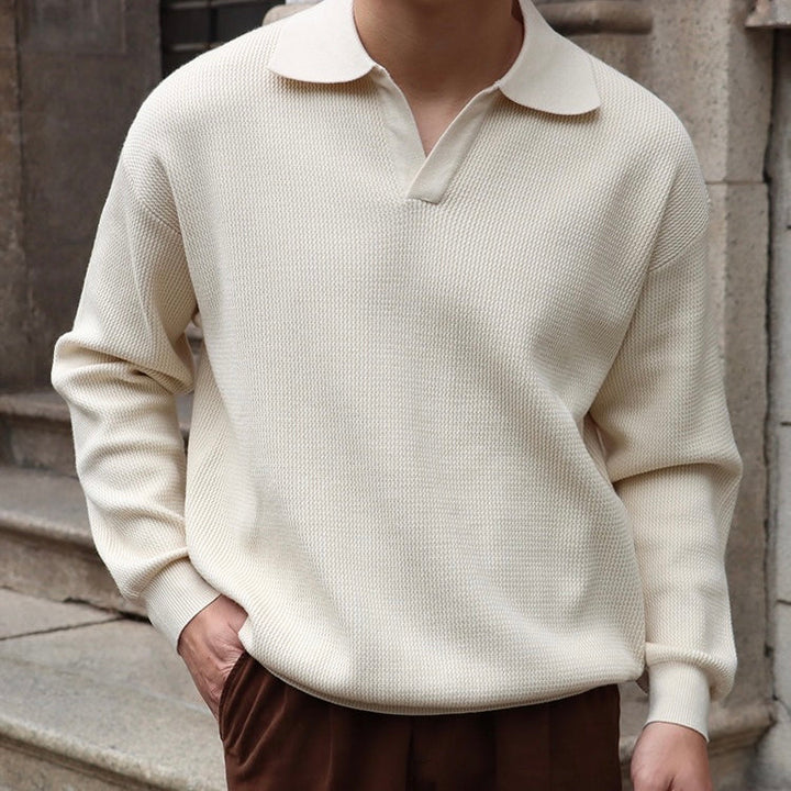 Men’s Knit Pullover Top – Relaxed Fit – Waffle Texture – Buttonless V-Collar – Long Sleeve