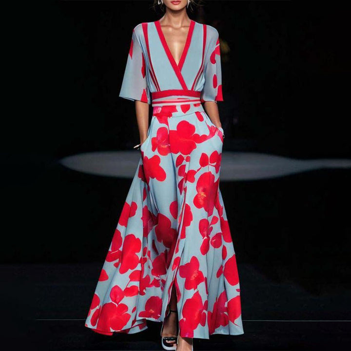 Women's Maxi Dress - Deep V-Neck - Half Sleeve - Fitted Waist - Flowing Skirt with Slit