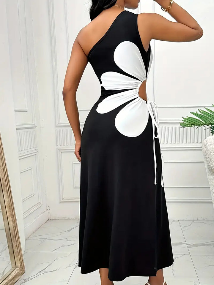 Women's Midi Dress - One-Shoulder Asymmetrical Fit - Floral Print - Cut-Out Detail