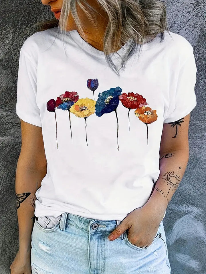Women’s T-Shirt – Relaxed Fit – Soft Knit – Short Sleeve – Floral Print Casual Style