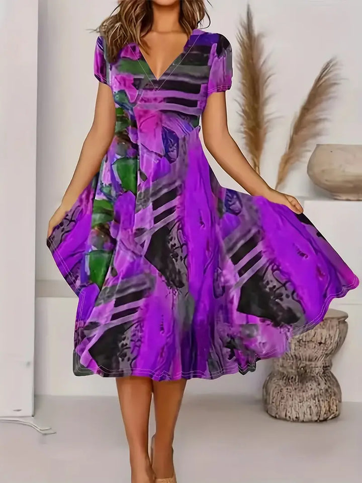 Women's Dress - V-Neck Midi - Short Sleeve Flared Fit - Lightweight Casual Elegant