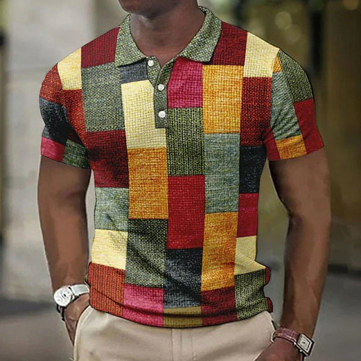 Men’s Polo Shirt - Patchwork Design - Short Sleeve - Classic Collar - Casual Fit
