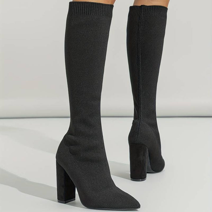 Women’s Knee-High Sock Boots – Slim Fit – Stretch Knit – Pointed Toe – Block Heel