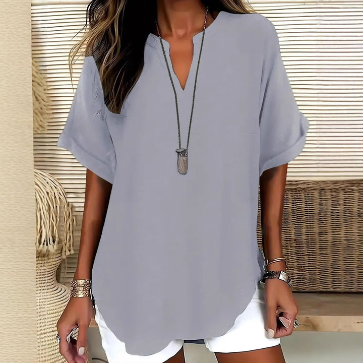 Women’s Blouse – Natural Fibers – Relaxed Fit – V-Neck – Short Sleeve – Hip Length