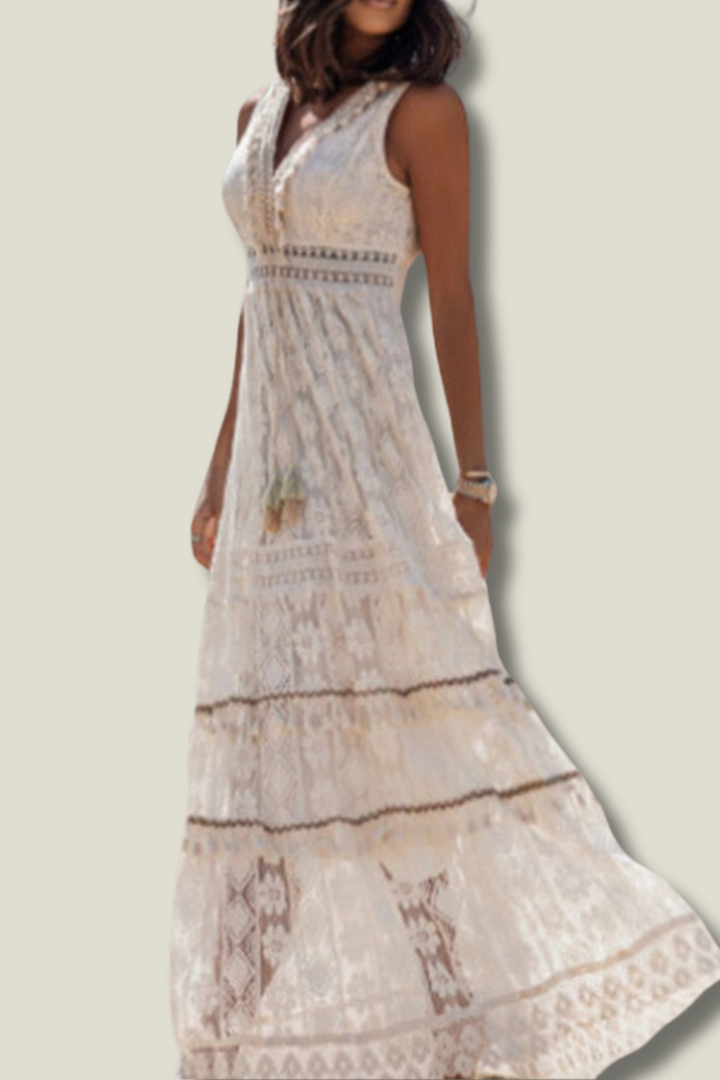 Women's Maxi Dress - Sleeveless Lace Embroidered - V-Neck A-Line Elegant Formal Wear