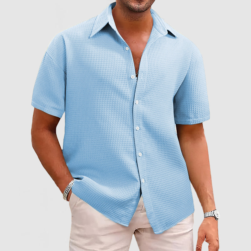 Men’s Short Sleeve Shirt - Relaxed Fit - Soft Waffle Knit - Button-Up Casual Style
