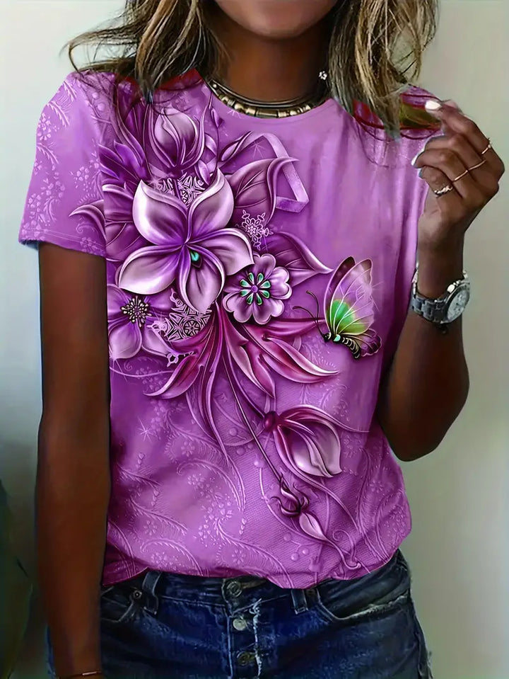 Women's Graphic T-Shirt - Floral Print - Round Neck - Short Sleeve Casual Wear