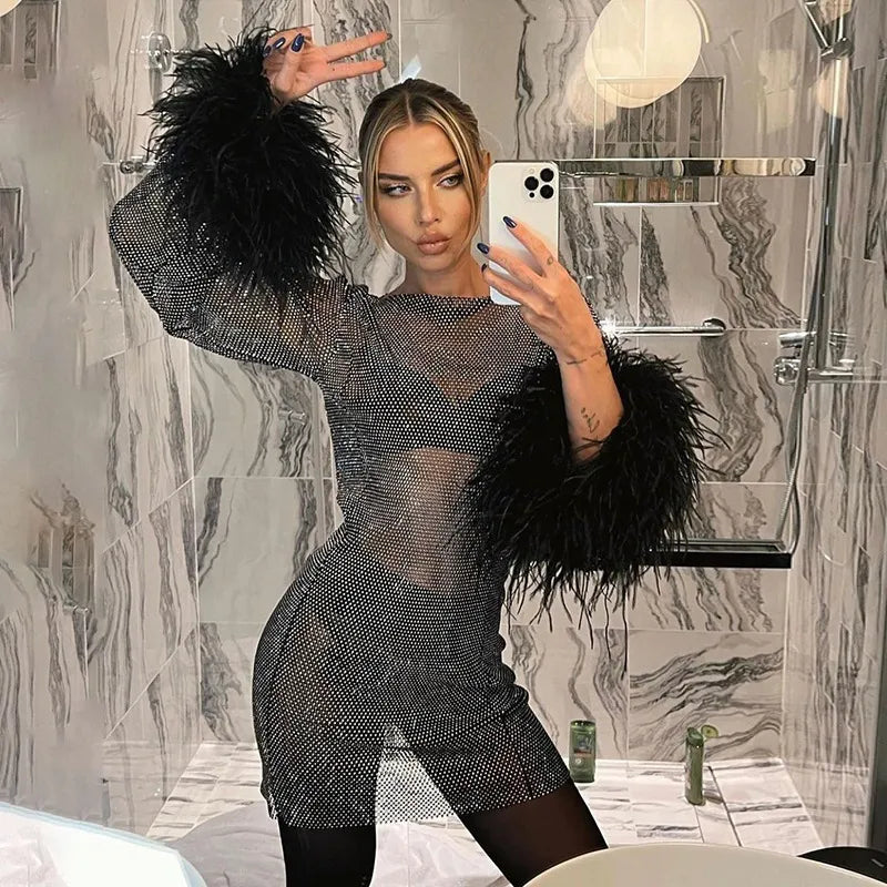 Women's Mini Dress - Sheer Mesh Embellished - Feather Cuff & Hem - Fitted Partywear