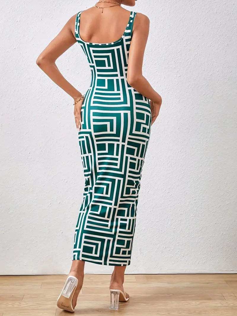Women's Bodycon Dress - Geometric Pattern - Midi Length - Square Neck - Elegant Fit