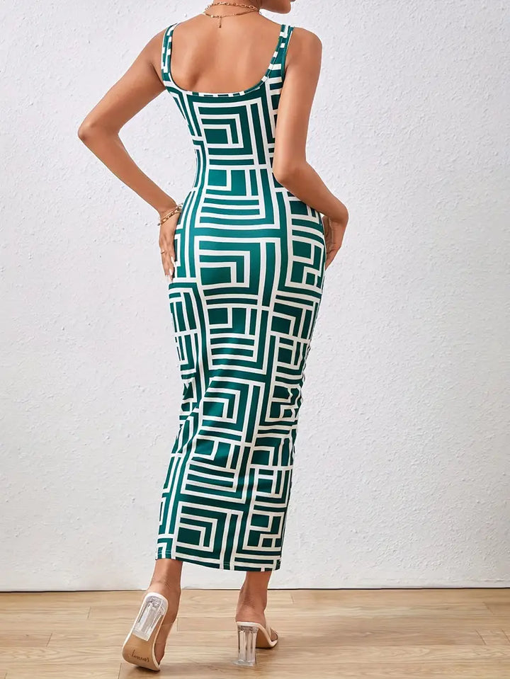 Women's Bodycon Dress - Geometric Pattern - Midi Length - Square Neck - Elegant Fit