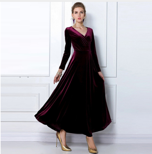 Women’s Evening Dress – Velvet – A-Line Fit – Deep V-Neck – Long Sleeve Elegant Gown