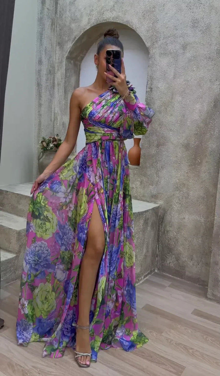 Women’s Maxi Dress – One Shoulder – High Slit – Floral Print – Flowy Elegant Fit