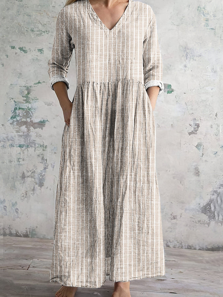 Women’s Maxi Dress – Natural Fibers – Relaxed Fit – V-Neck – Long Sleeve – Striped Pattern