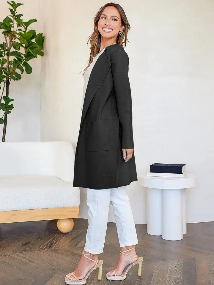Women’s Knee-Length Coat - Wool Blend - Relaxed Fit - Wide Lapel Minimalist Design