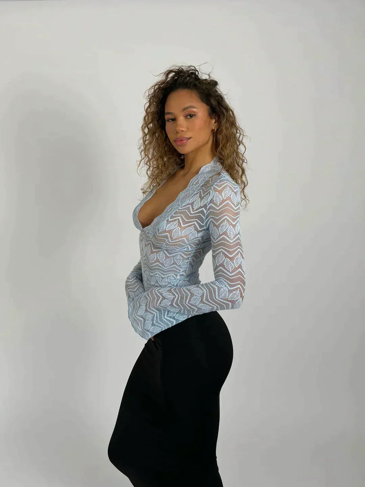 Women's Lace Top - Floral Pattern - Deep V-Neck - Long Sleeve Elegant Fit