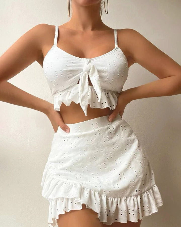Women’s Bikini Set – Tie Front Top – Eyelet Embroidery – Ruffled Mini Skirt – Breathable Blend