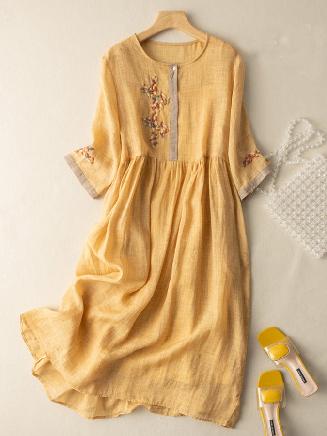 Women’s Midi Dress – Embroidered Cotton Linen – A-Line Fit – 3/4 Sleeve – Button Neckline