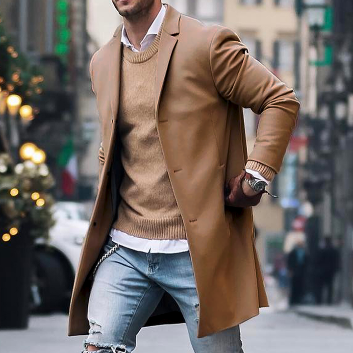 Men’s Trench Coat – Tailored Fit – Full Length – Hidden Buttons – Luxury Fabric – Lapel Collar