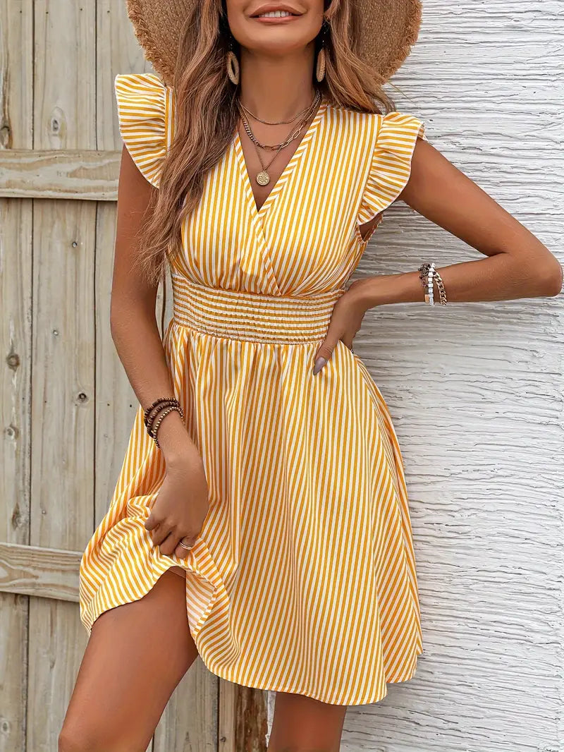 Women's A-Line Dress - Striped Pattern - V-Neck - Ruffled Cap Sleeves - Fitted Waist