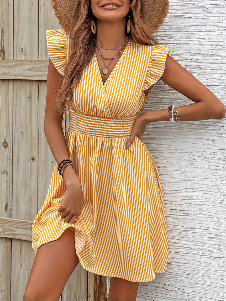 Women's A-Line Dress - Striped Pattern - V-Neck - Ruffled Cap Sleeves - Fitted Waist