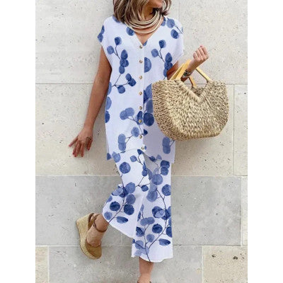 Women's Maxi Dress - Flowy Loose Fit - V-Neck Button Down - Short Sleeve Casual Wear