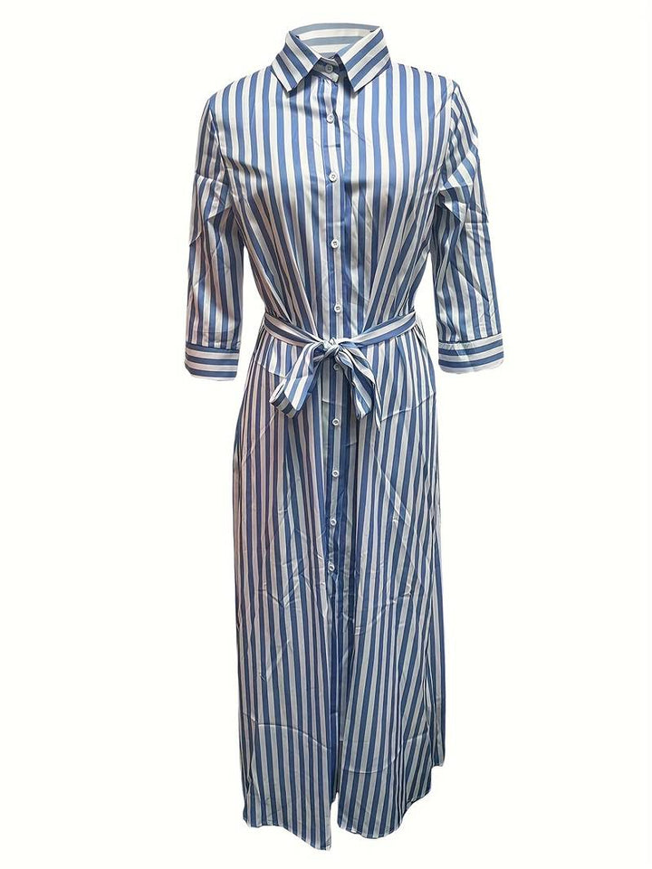Women's Maxi Dress - Button Down - 3/4 Sleeve - Waist Tie - Front Slit - Striped