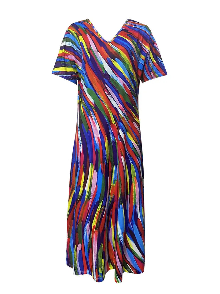 Women's Maxi Dress - V-Neck - Short Sleeve - Flowy Fit - Side Slit - Abstract Print