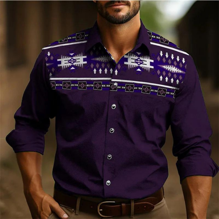 Men’s Button-Down Shirt – Tailored Fit – Long Sleeve – Retro Geometric Design – Breathable Fabric