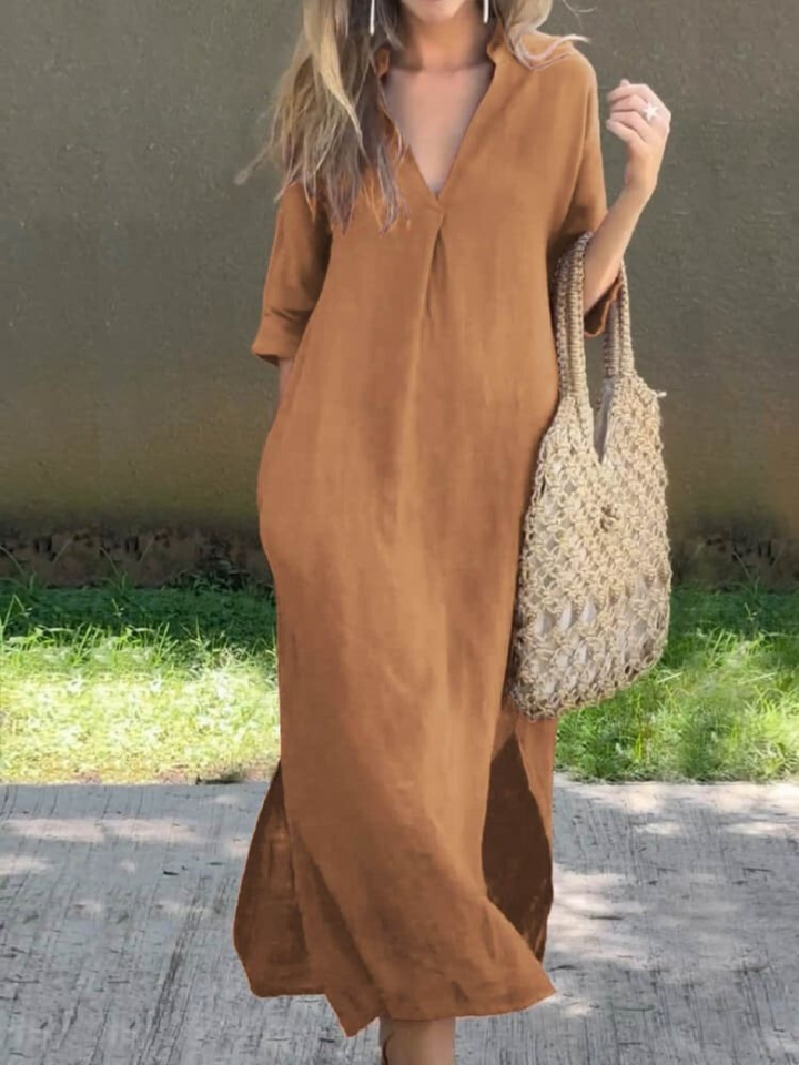 Women’s Maxi Dress - Relaxed Fit - V-Neck - Three-Quarter Sleeve - Breathable Blend
